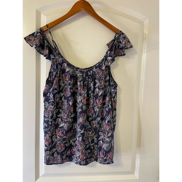 Joie Silk Blouse Large Blue Floral Off the Shoulder Ruffled Cottage Core Boho - Picture 3 of 7